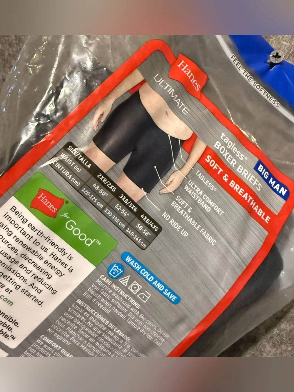 Hanes 4 Pack Tagless Boxer Briefs Mens 4XB Big Man 56-58 gray black Wicking Soft